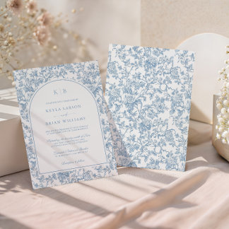 Invitación Arco de boda con monograma de toile floral azul po