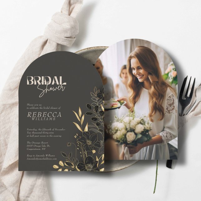 Invitación Arco de boda de 1 foto floral dorado lujoso (Subido por el creador)