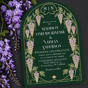 Invitación Arco de boda de arte nuevo dorado wisteria púrpura