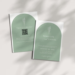 Invitación Arco de Boda de código QR verde sabio 2 en 1