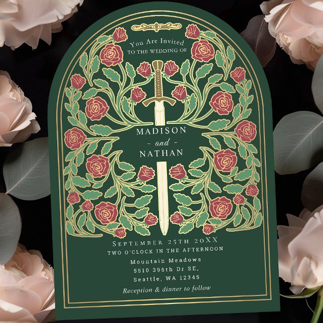 Invitación Arco de Boda de espadas medievales verde (Subido por el creador)