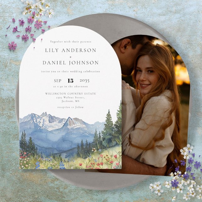 Invitación Arco de Boda de Foto de Flor Silvestre de Montaña  (Watercolor Mountain Wildflower Photo Wedding Arch Invitation)