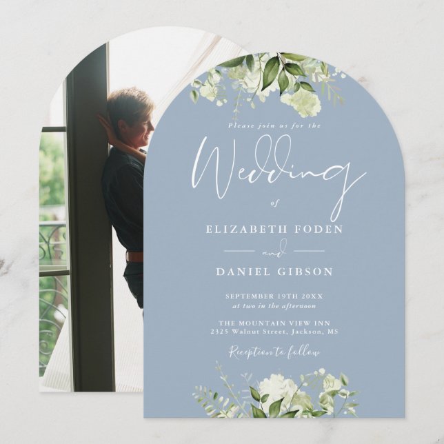 Invitación Arco de Boda de fotografía floral Dusty Blue Green (Anverso / Reverso)