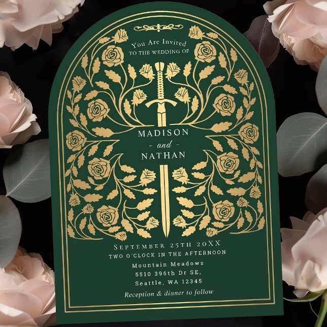 Invitación Arco de Boda de la espada de oro real verde (Subido por el creador)