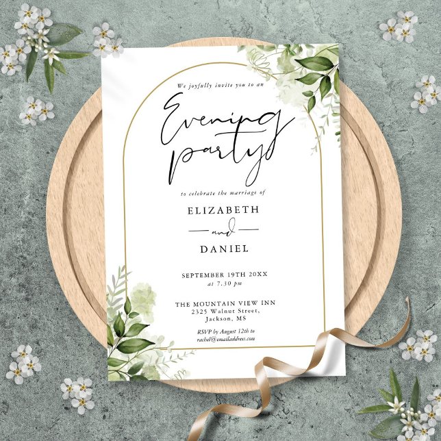 Invitación Arco de boda de oro con vegetación rústica para fi (Rustic Greenery Gold Arch Wedding Evening Party Invitation)