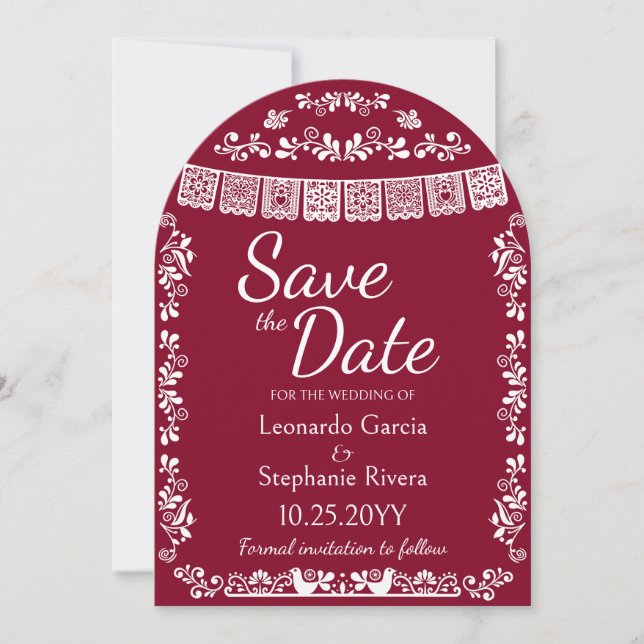 Invitación Arco de boda de Papel Picado Borgoña para guardar  (Anverso)