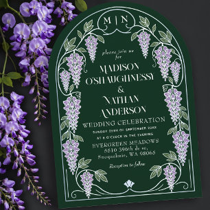 Invitación Arco de boda de plata Art Nouveau con glicina púrp