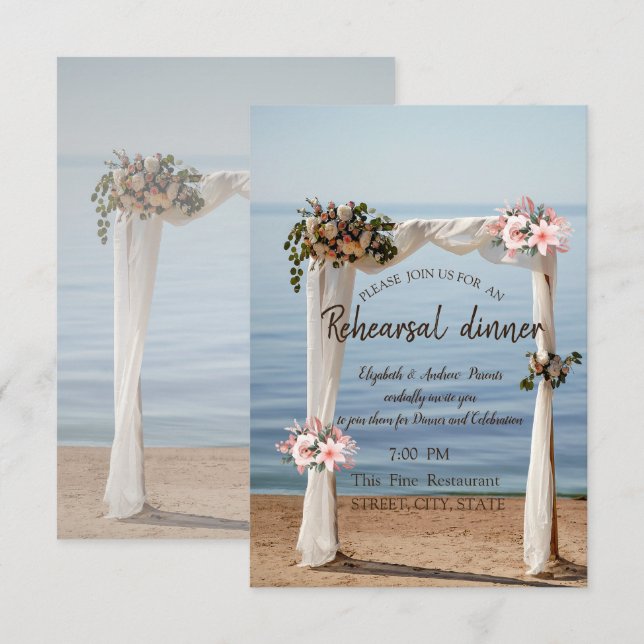 Invitación Arco de Boda de Playa Ensayo Floral Cena (Anverso / Reverso)