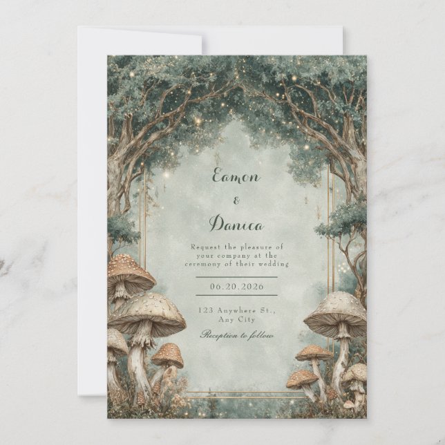 Invitación Arco de Boda Dorado con Hongos del Bosque Capricho (Anverso)