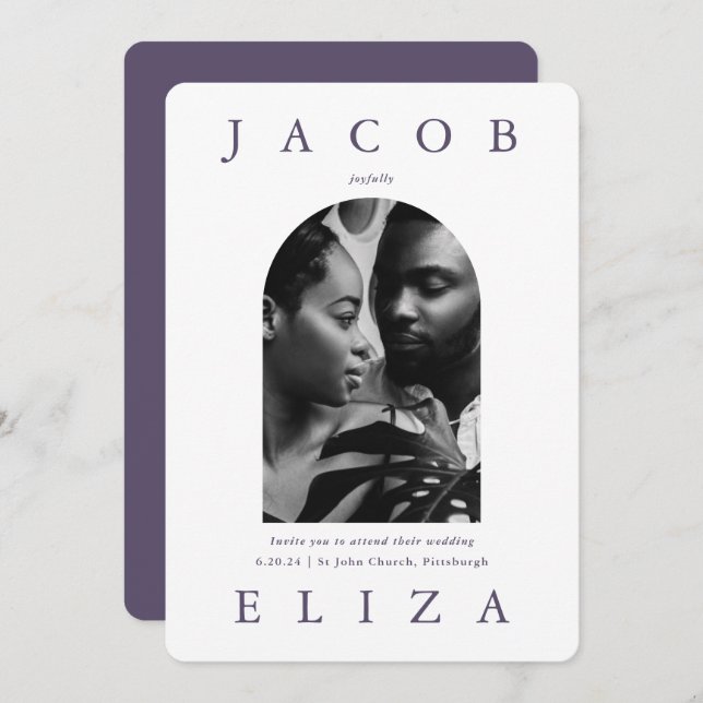 Invitación Arco de boda elegante Código de RSVP Dos fotos (Anverso / Reverso)