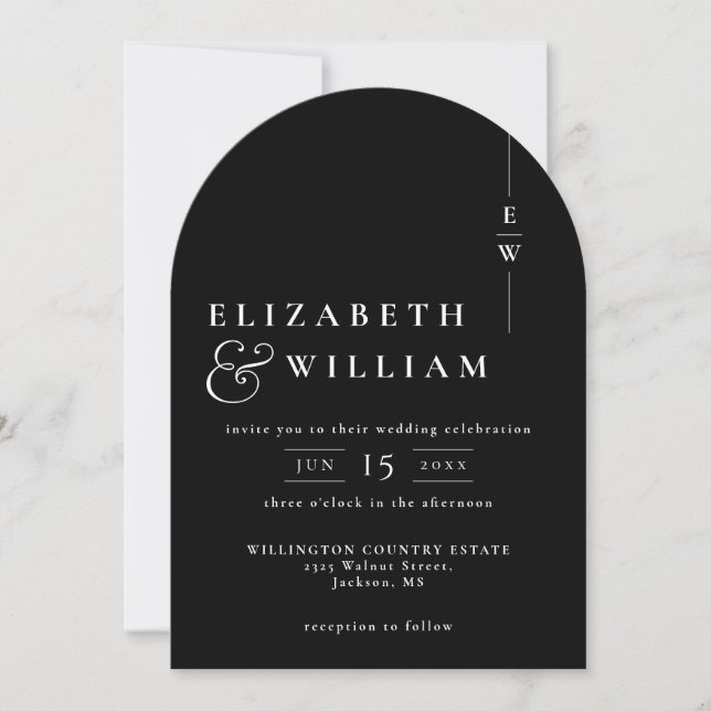 Invitación Arco de boda elegante monocromo con monograma chic (Anverso)