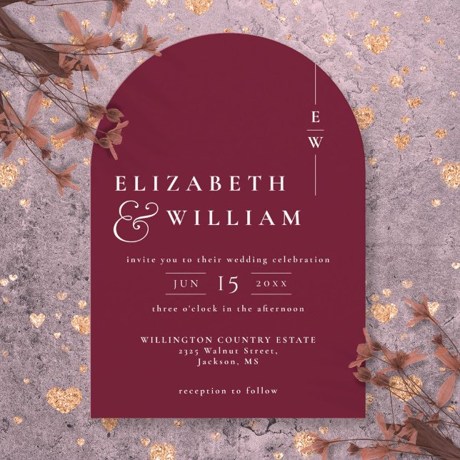 Invitación Arco de boda elegante y moderno de monograma en bu (Burgundy Modern Elegant Chic Monogram Wedding Arch Invitation)