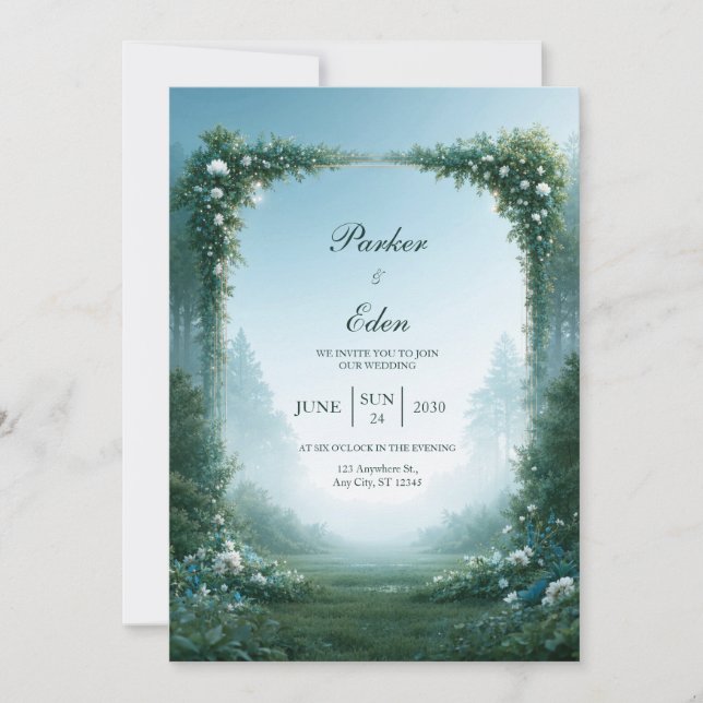 Invitación Arco de Boda en Pradera Azul Brumosa (Anverso)