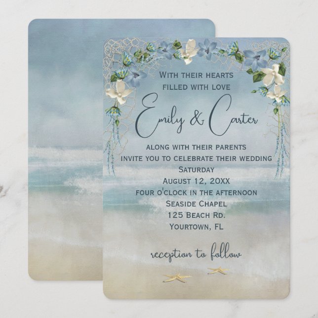 Invitación Arco de Boda floral con red náutica (Anverso / Reverso)
