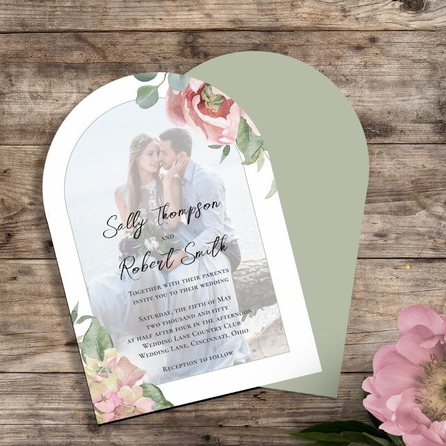 Invitación Arco de Boda floral fotográfico rosa de Rubor (Elegant blush pink floral arch photo wedding invitation template. )