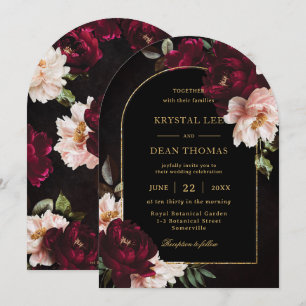 Invitación Arco de boda floral rosa con borgoña malhumorado  