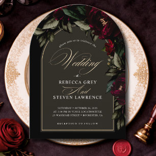 Invitación Arco de boda gótico floral verde rojo oscuro y som