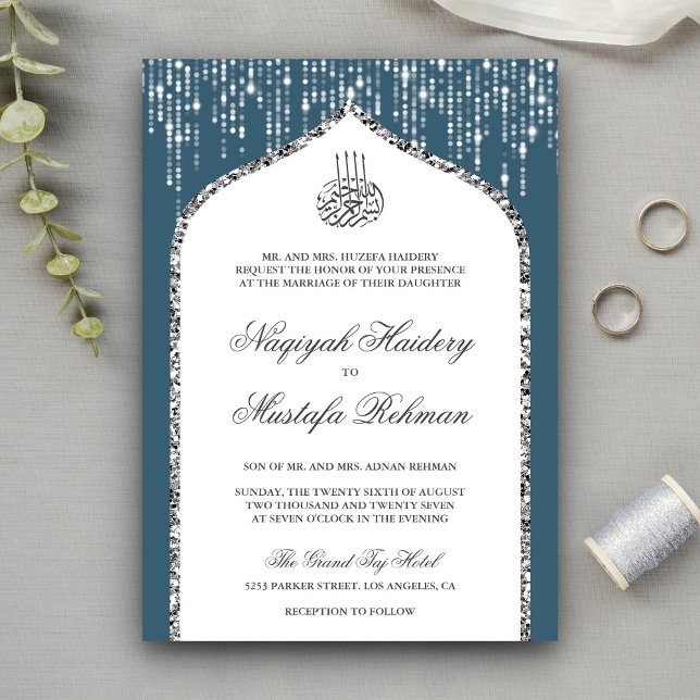 Invitación Arco de boda musulmán con brillo azul blanco plate (Subido por el creador)