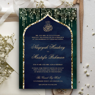 Invitación Arco de boda musulmán con brillo de esmeralda y or