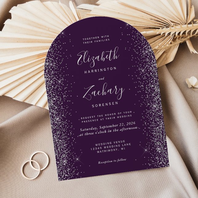 Invitación Arco de boda plateado morado moderno con brillo (Subido por el creador)