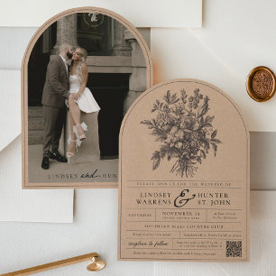 Invitación Arco de boda rústico Kraft con flores vintage para