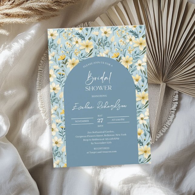 Invitación Arco de Boho acuarela amarillo polvoriento azul fl (Boho arch watercolor yellow dusty blue wildflowers invitation)