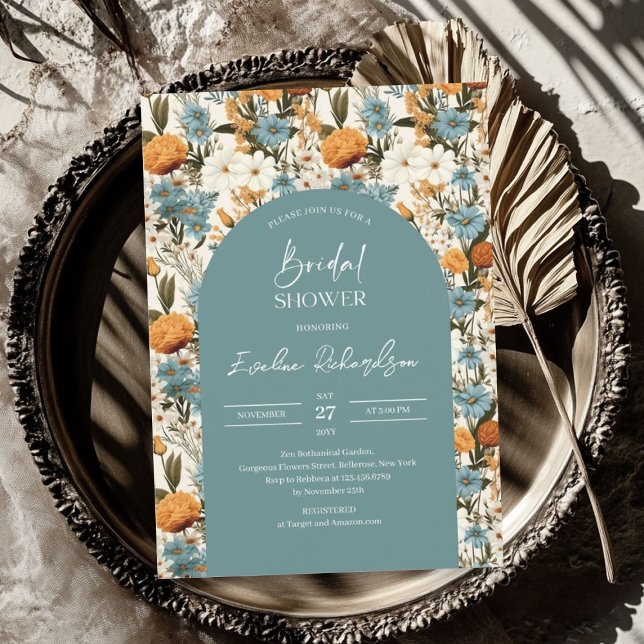 Invitación Arco de Boho acuarela polvoriento naranja azul flo (Boho arch watercolor dusty blue orange wildflowers invitation)
