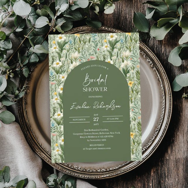 Invitación Arco de Boho acuarela polvoriento primavera silves (Boho arch watercolor dusty green spring wildflower invitation)