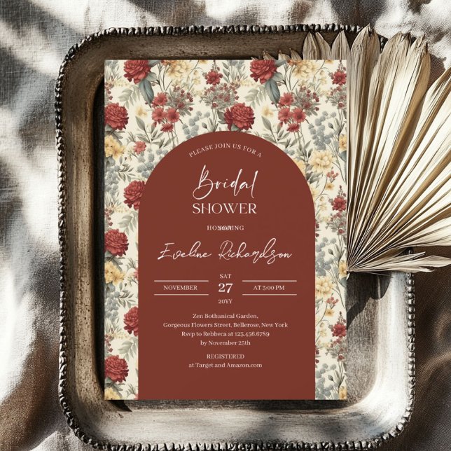 Invitación Arco de Boho acuarela terracota marfil flores silv (Boho arch watercolor terracotta ivory wildflowers invitation)