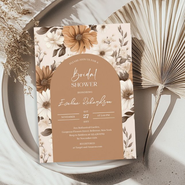 Invitación Arco de Boho acuarela tonos marrones flores silves (Boho arch watercolor brown hues autumn wildflowers invitation)