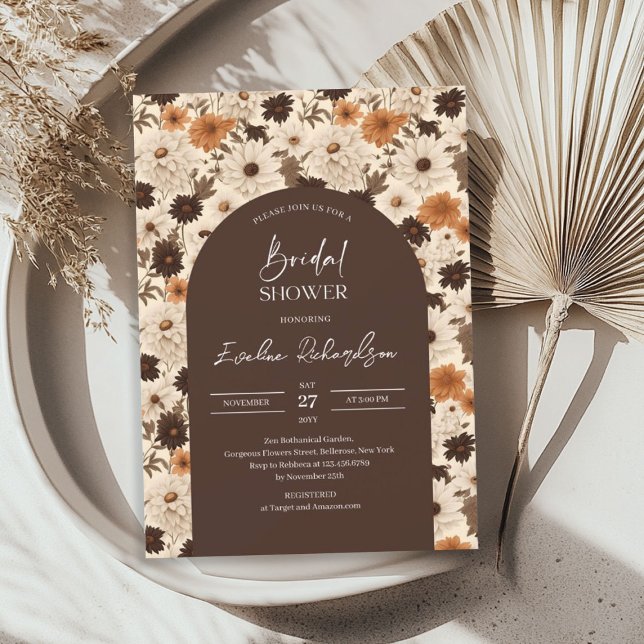 Invitación Arco de Boho acuarela tonos marrones marfil flor s (Boho arch watercolor brown hues ivory wildflower invitation)