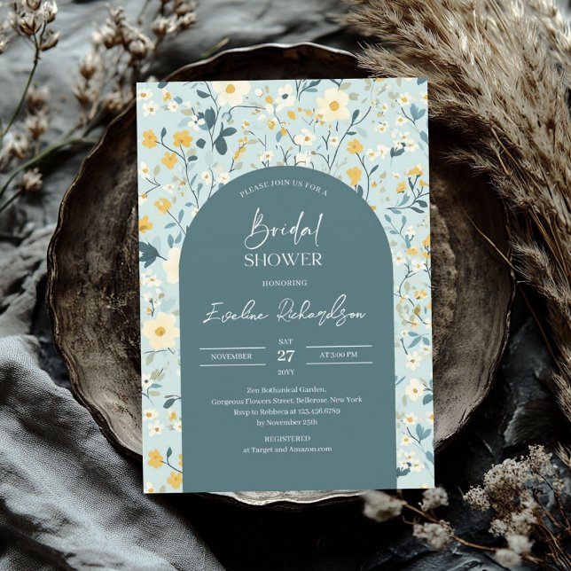 Invitación Arco de Boho acuarela verde pastel flores silvestr (Boho arch watercolor pastel green wildflowers invitation)