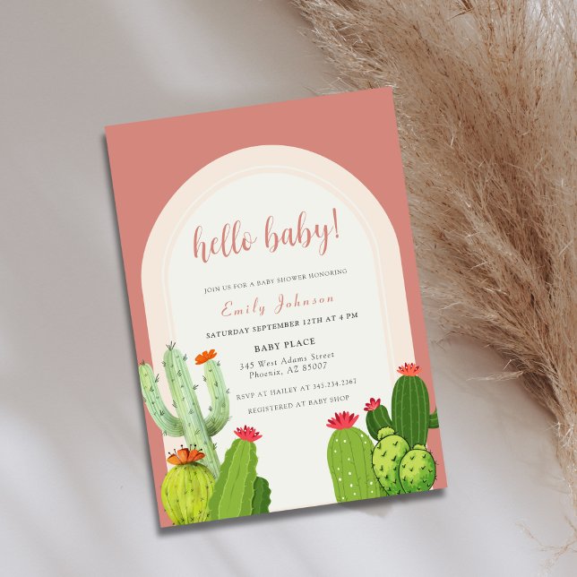 Invitación Arco de Boho Cactus Neutral de Género Hola Baby Sh (Gender Neutral Boho Cactus Arch Hello Baby Shower Invitation)