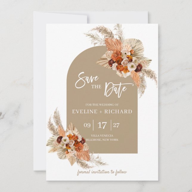 Invitación Arco de boho de pampas naranja quemado (Anverso)