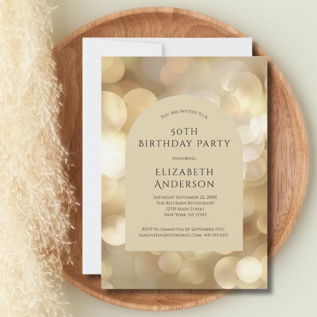Invitación Arco de Bokeh de Champagne Dorado Cumpleaños 50 (Gold Champagne Bokeh Arch 50th Birthday invitation for him or her. Printed or Digital)