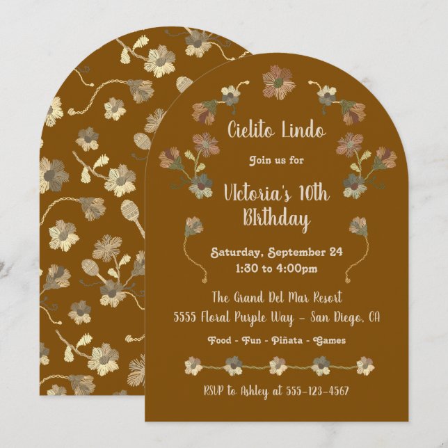 Invitación Arco de bordado de la Fiesta Mexicana de Cumpleaño (Anverso / Reverso)