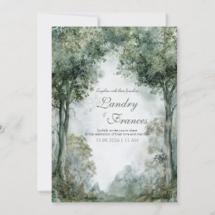 Invitación Arco de Bosque Brumoso Paisaje Sereno de Montaña