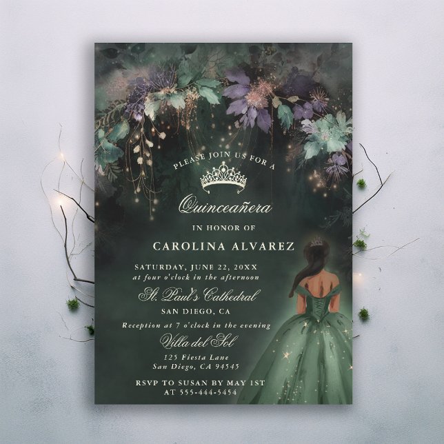 Invitación Arco de bosque encantado Quinceanera verde (enchanted forest quinceanera invitation watercolor princess dress dark emerald hunter green woodland)