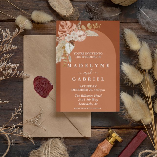 Invitación Arco de bouquet boho tropical de terracota (Subido por el creador)