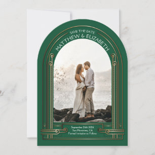 Invitación Arco de bronce verde esmeralda Art Deco salva la f