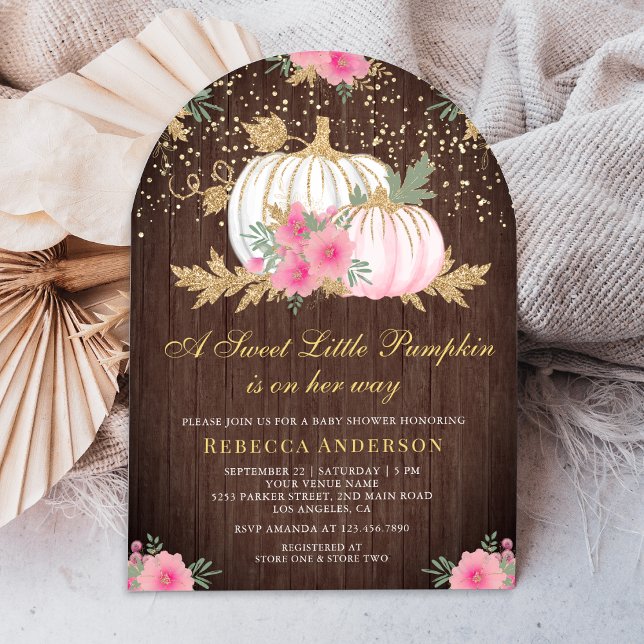 Invitación Arco de calabaza floral rosa y dorada Baby Shower  (Subido por el creador)