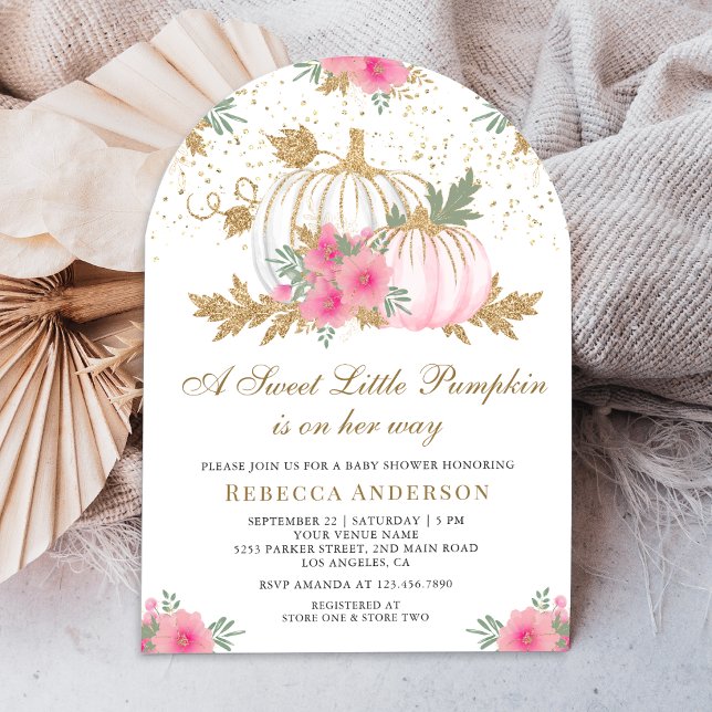 Invitación Arco de calabaza floral rosa y dorada Baby Shower (Subido por el creador)