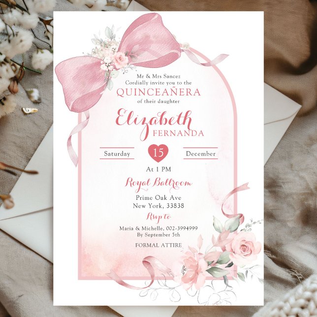 Invitación Arco de cinta de cinta rosada Rubor Quinceanera (Subido por el creador)