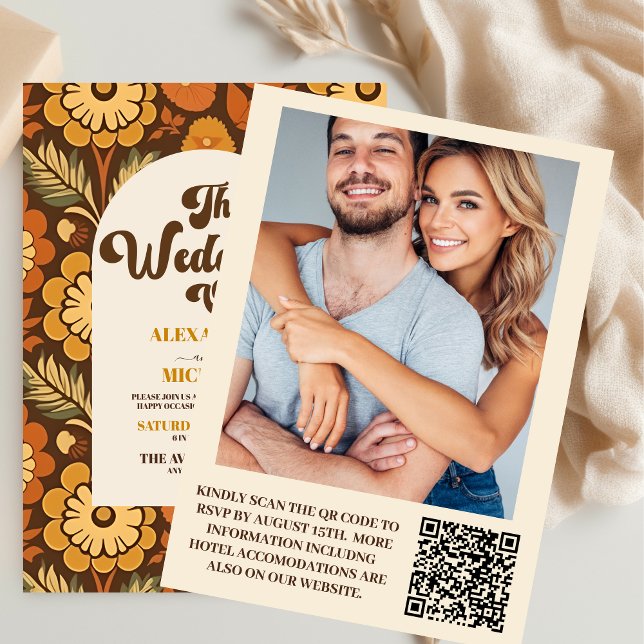 Invitación Arco de códigos QR Boda floral moderno retro 70 (Subido por el creador)