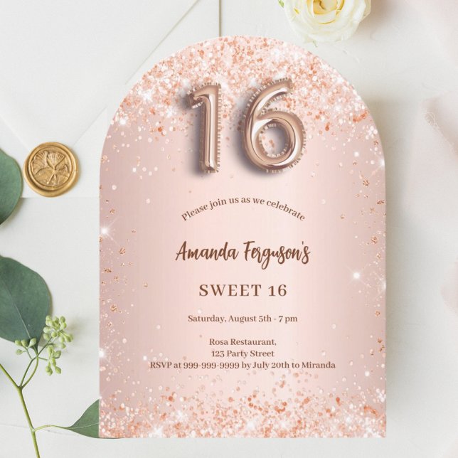 Invitación Arco de confeti rosado y dorado dulce 16 (Subido por el creador)