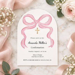 Invitación Arco de Confirmación de niña con lazo rosa y crema