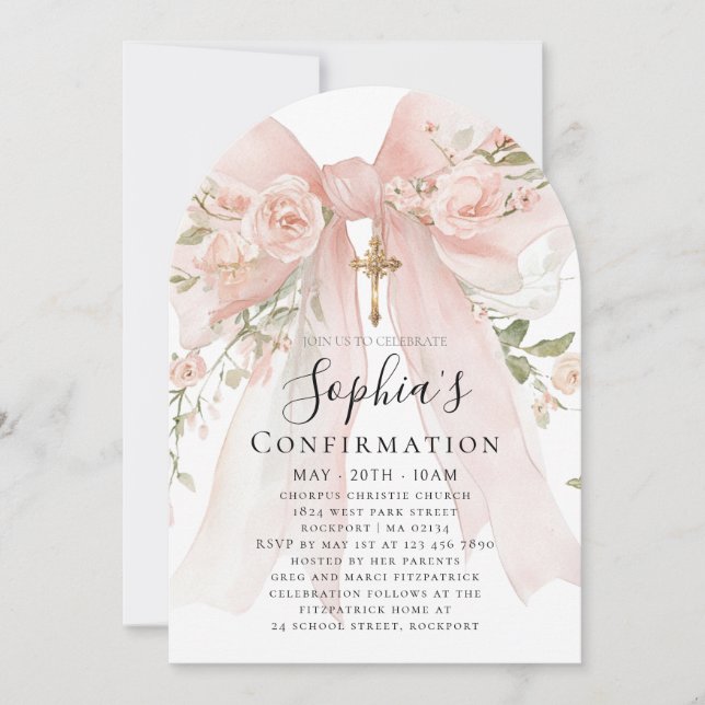 Invitación Arco de confirmación floral de rosa con lazo rosa (Anverso)