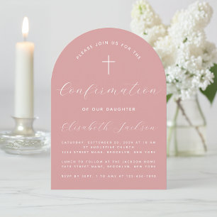 Invitación Arco de Confirmación Rosa Polvo Rosa Script Niña