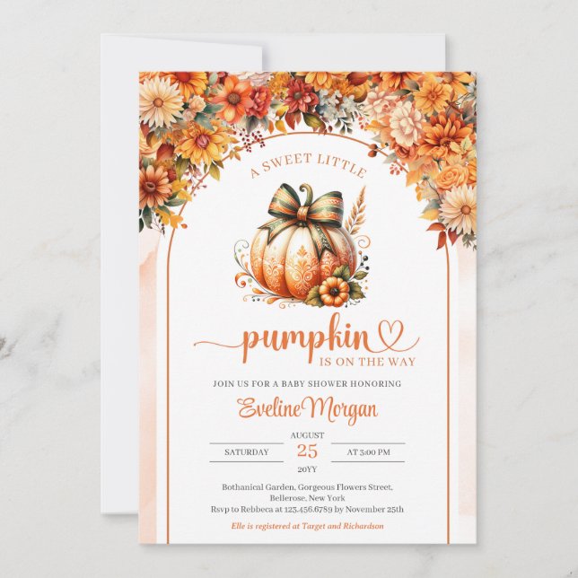 Invitación Arco de coqueta acuarela de calabaza de flores de  (Anverso)