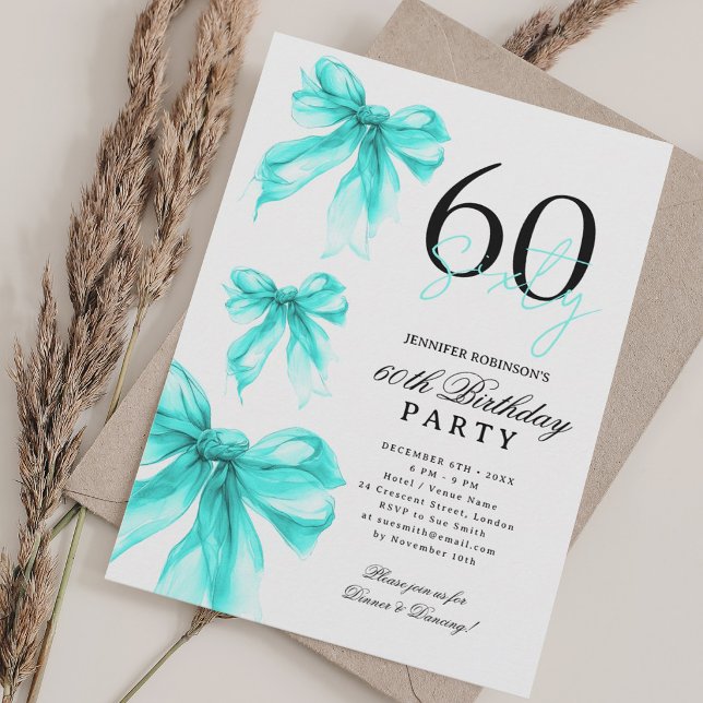 Invitación Arco de Coqueta de Acuarela Turquesa Cumpleaños 60 (Turquoise Watercolor Coquette Bow 60th Birthday Invitation)